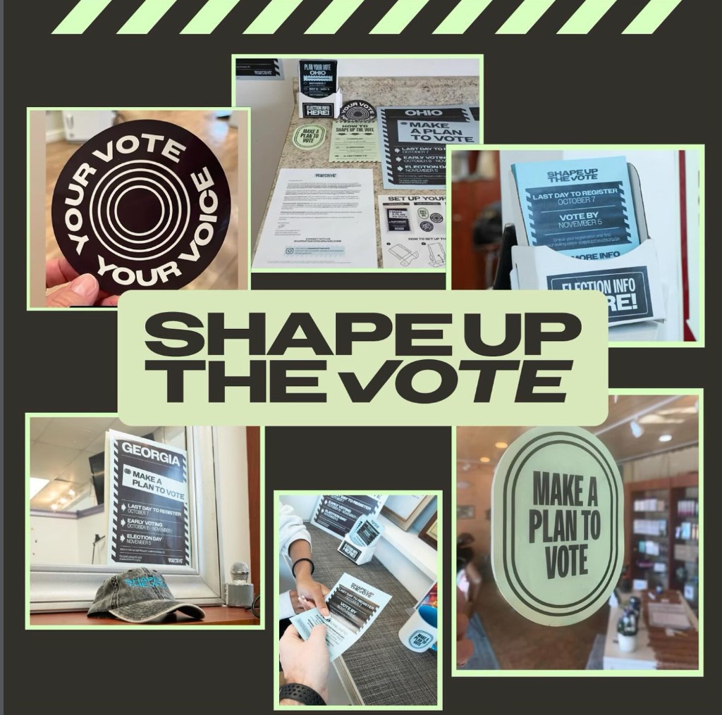 Shape Up The Vote collage of voting materials, displays, and community engagement