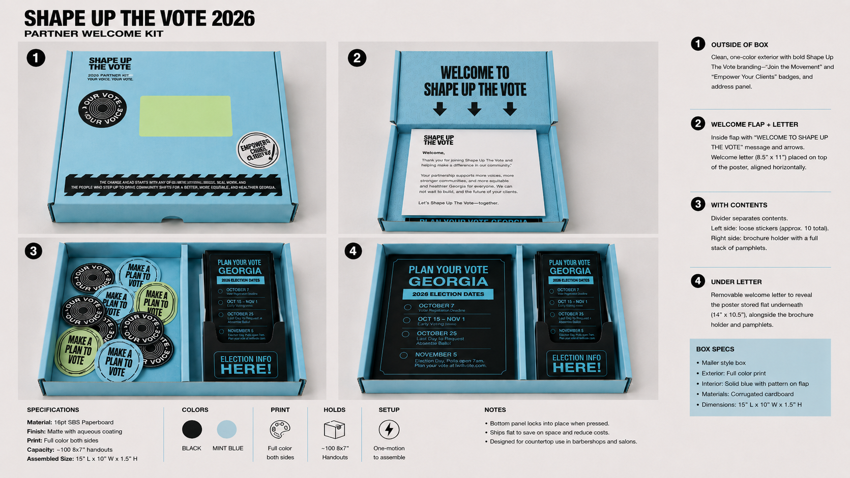 Proposed Shape Up The Vote box and kit components